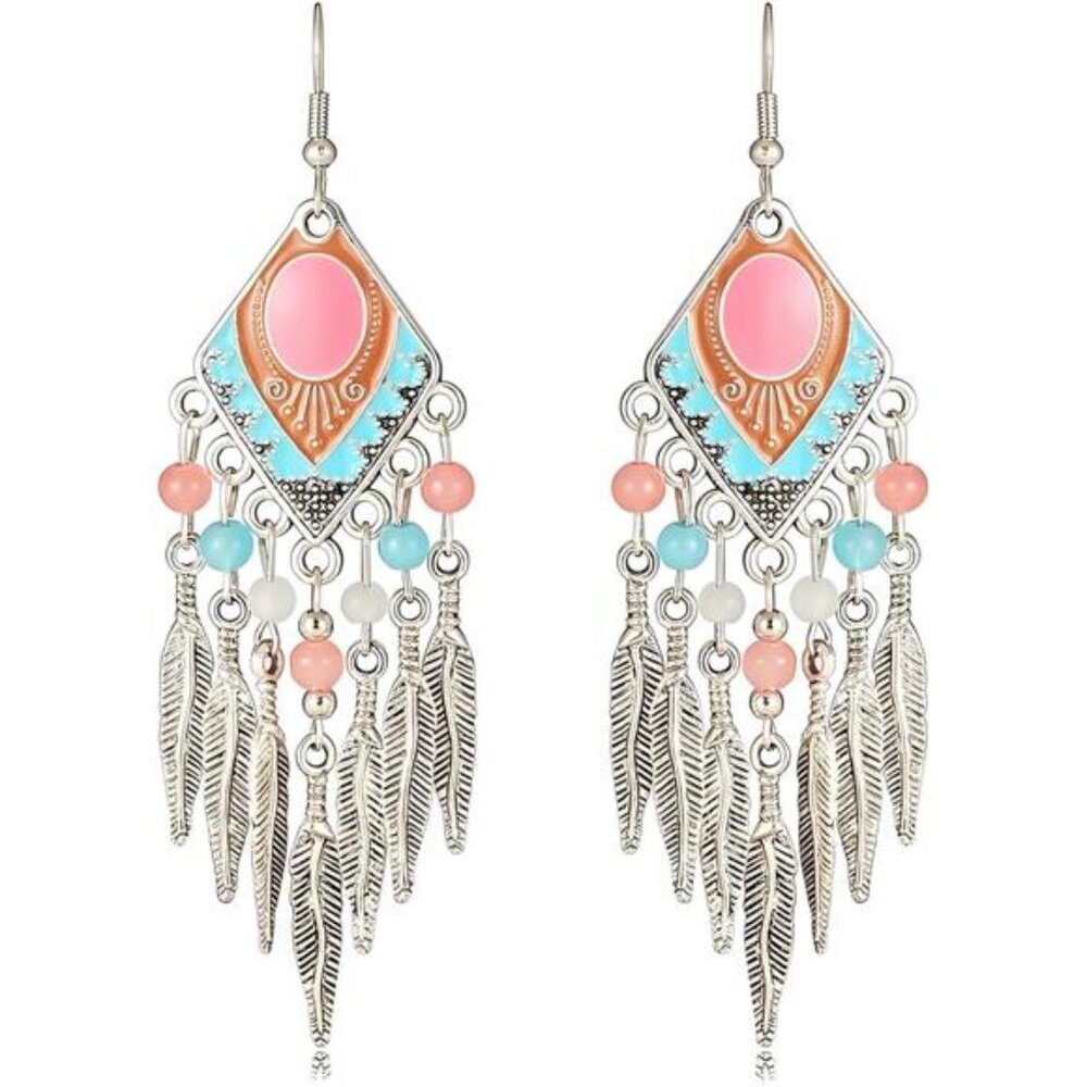 Boho Turquoise Drop Earrings Retro Long Copper Feather  Metal Leaf Dangle